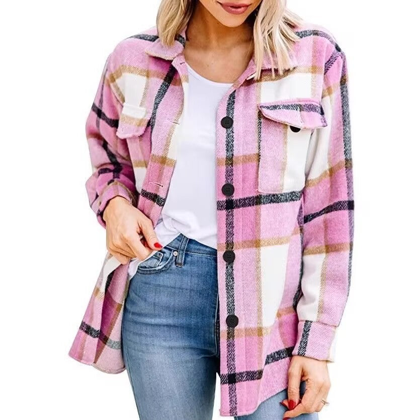 European-style women's dress with a turned-up collar and check pattern, long style for ladies