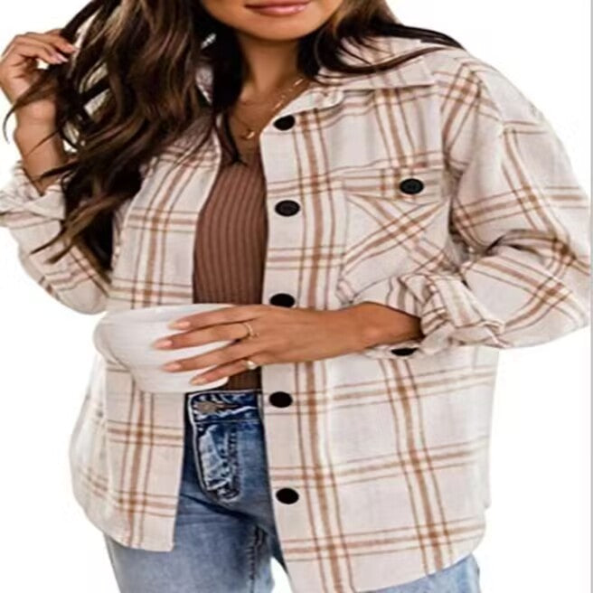 European-style women's dress with a turned-up collar and check pattern, long style for ladies