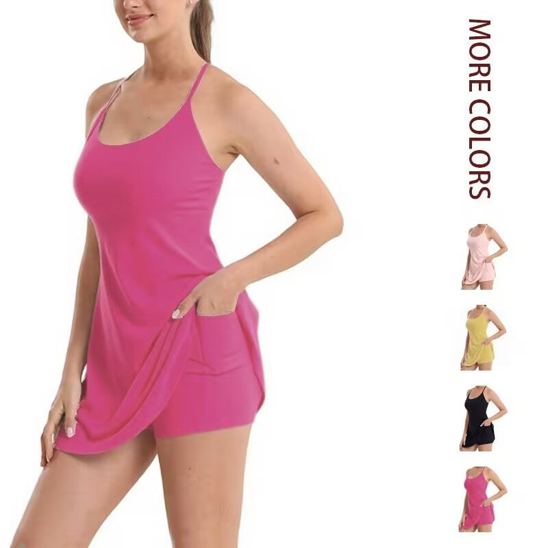 Tennis-style dress pants, designed to prevent showing of underwear.