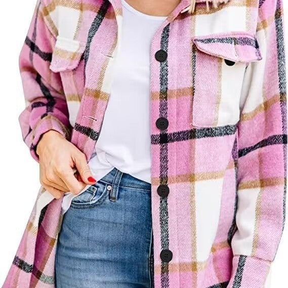 European-style women's dress with a turned-up collar and check pattern, long style for ladies