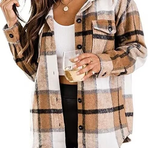 European-style women's dress with a turned-up collar and check pattern, long style for ladies