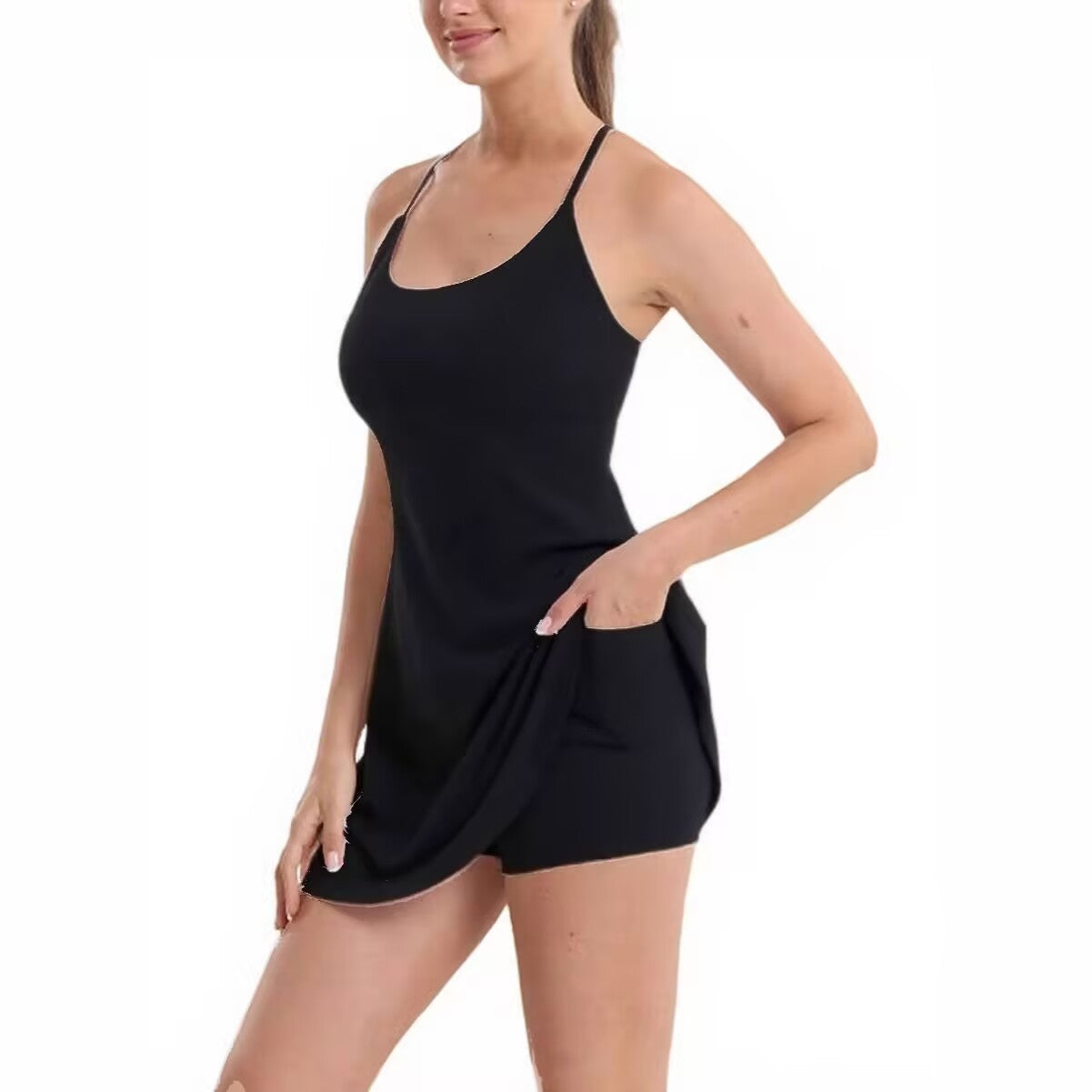 Tennis-style dress pants, designed to prevent showing of underwear.